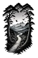 pathway trees mountains sunset birds tattoo design idea