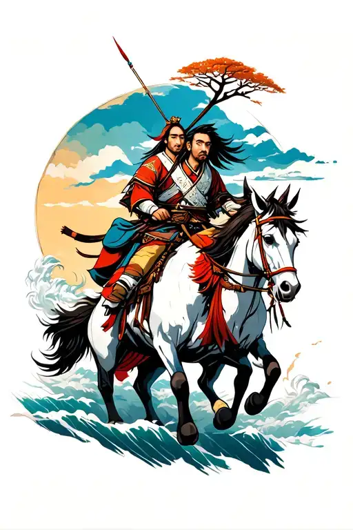 Ashitaka riding Yakul, with Princess Mononoke, Moro and Moro's clan around it tattoo design idea