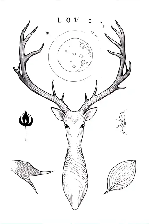 LOVE , a whale's tail, a deer's antler, a full moon, physical pain, and a dog's claw. tattoo design idea
