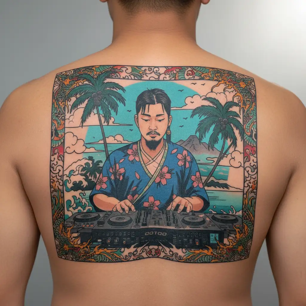 dj on beach tattoo design idea