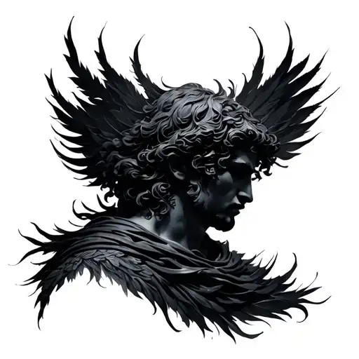 "The Forgotten God" abstract silhouette of a greek god, face mostly hidden, cloak disolving into black feathers tattoo design idea