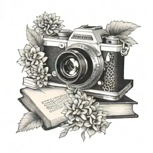 books, dahlia's, music & photography camera tattoo design idea