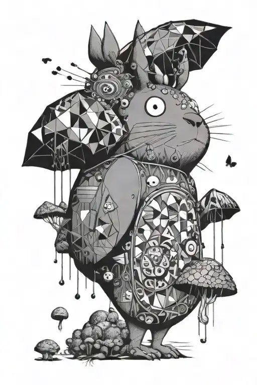psychedelic totoro with mushrooms and kodama tattoo design idea