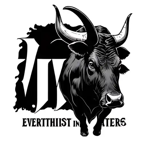 Breathe bull with Antichrist in the background, overcome letters VJ, everything in black tattoo design idea