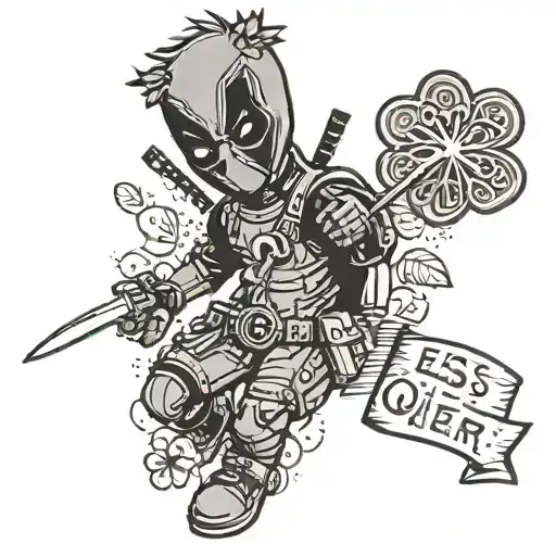 mini Deadpool holds a black four-leaf clover in his hand, and in the other the inscription "esse quam videri" tattoo design idea