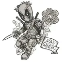 mini Deadpool holds a black four-leaf clover in his hand, and in the other the inscription "esse quam videri" tattoo design idea