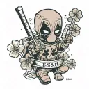 mini Deadpool holds a black four-leaf clover in his hand, and in the other the inscription "esse quam videri" tattoo design idea