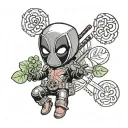 mini Deadpool holds a black four-leaf clover in his hand, and in the other the inscription "esse quam videri" tattoo design idea