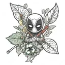 mini Deadpool holds a black four-leaf clover in his hand, and in the other the inscription "esse quam videri" tattoo design idea