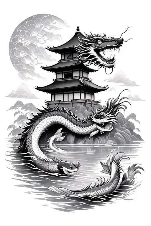 japanese temple, dragon and koi fish swimming upstream tattoo design idea