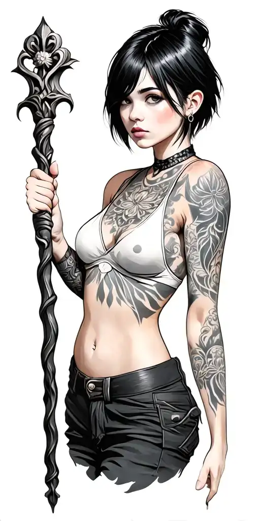 girl with short hair holding staff tattoo design idea