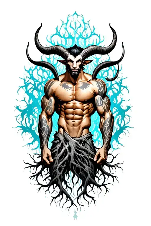 Gay male horned satyr with massive bodybuilder muscles flex. cyber tree roots, vines and patterns tattoo design idea
