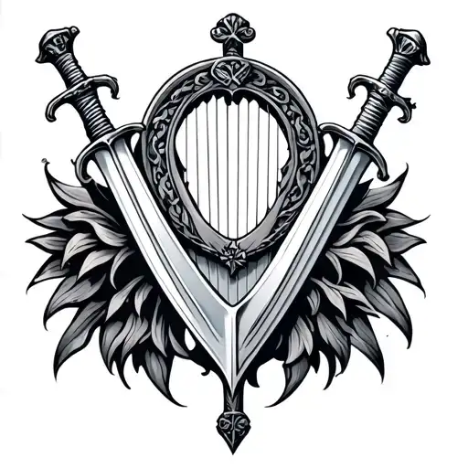 irish harp and roman gladius sword intertwined tattoo design idea