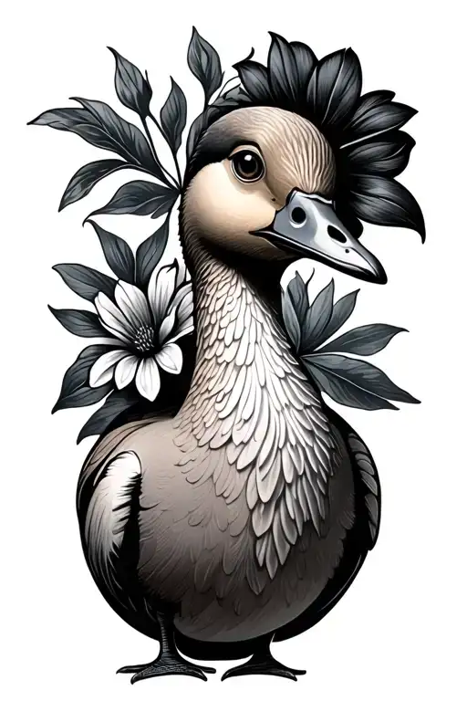 silly goose with flower tattoo design idea