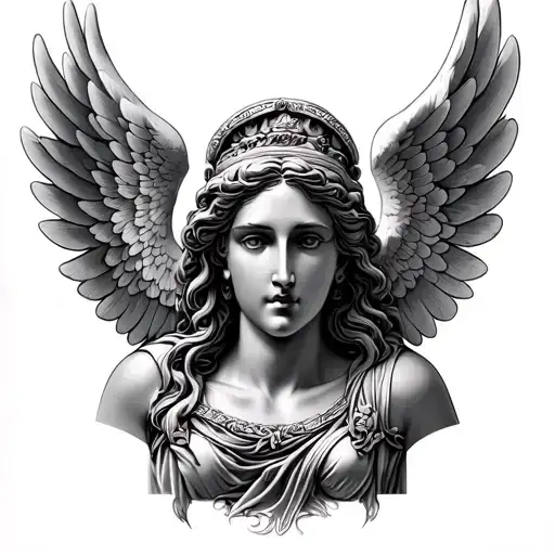 Photorealistic black and grey forearm tattoo, Themis goddess face 70% covered by folded angel wings, lips visible and se tattoo design idea
