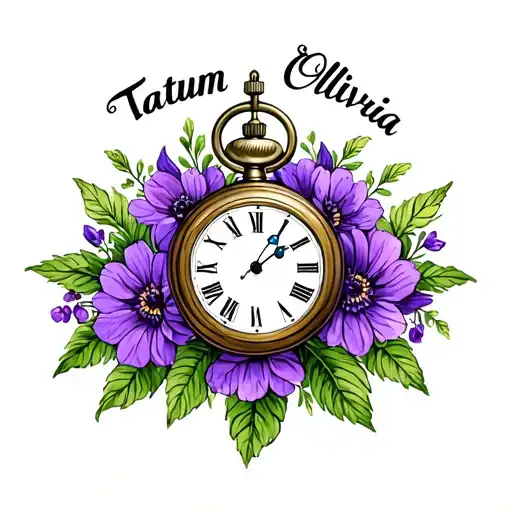 "Tatum Olivia" pocket watch clock surrounded with purple flowers blooming tattoo design idea