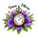"Tatum Olivia" pocket watch clock surrounded with purple flowers blooming tattoo design idea