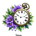"Tatum Olivia" pocket watch clock surrounded with purple flowers blooming tattoo design idea