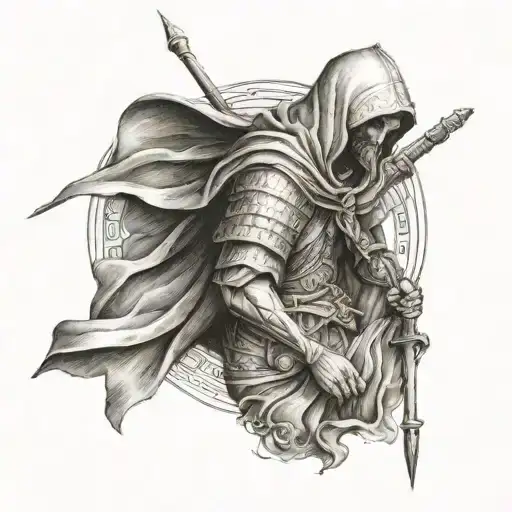 hooded saint Christopher faceless full body with trident  tattoo design idea