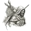 hooded saint Christopher faceless full body with trident  tattoo design idea