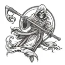 grim reaper floating, holding scythe over head tattoo design idea