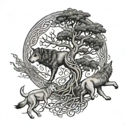 A Celtic tree of life with wolves running through its branches tattoo design idea