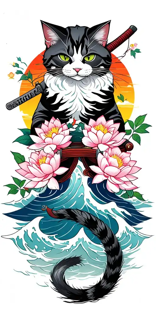 ninja cat holding katana, tail, water, waves, lotus, sakura, clouds, whirlpool, leaves, peony, sunset tattoo design idea