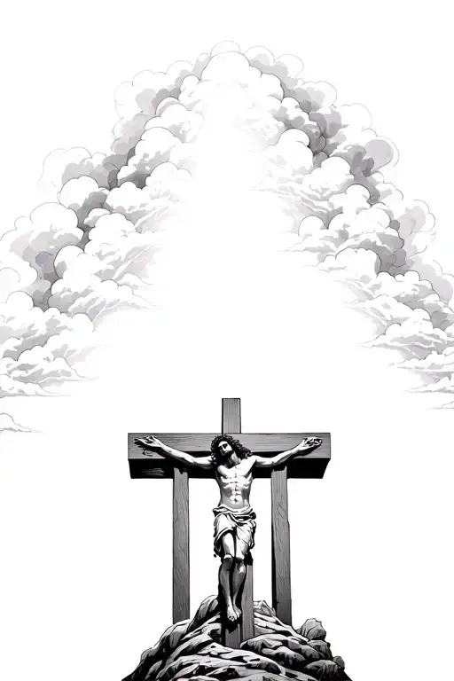 Jesus being crucified on the mount with dark clouds over him and a spotlight of light shines down on him  tattoo design idea
