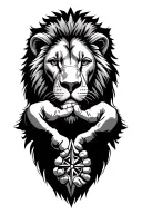 lion head, compass, silhouette man, wife, 8 year old girl and 2 year old , outline fists doing fist bump  tattoo design idea