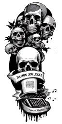 GRAVEYARD WITH SKULLS AND MICROPHONE WITH MUSIC NOTES  AND BANNER UNDERNEATH WITH NAME OF DAMON JOKEZ' FIELD tattoo design idea