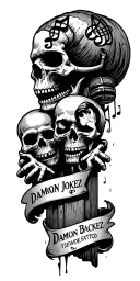 GRAVEYARD WITH SKULLS AND MICROPHONE WITH MUSIC NOTES  AND BANNER UNDERNEATH WITH NAME OF DAMON JOKEZ' FIELD tattoo design idea