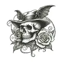 witchy halloween tattoo with bats, a skull, a snake and a rose tattoo design idea