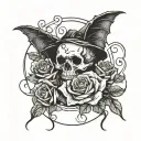 witchy halloween tattoo with bats, a skull, a snake and a rose tattoo design idea