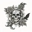 witchy halloween tattoo with bats, a skull, a snake and a rose tattoo design idea