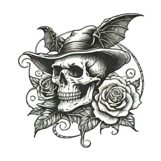 witchy halloween tattoo with bats, a skull, a snake and a rose tattoo design idea