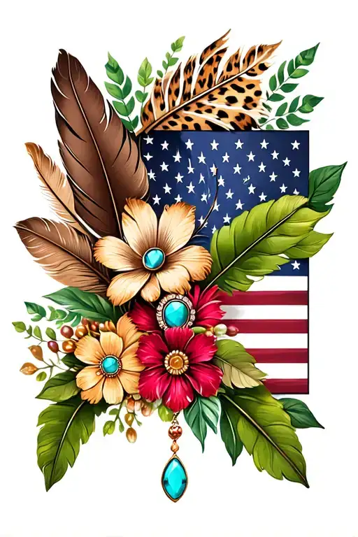 american flag and brown feathers, american flag, green leaves, one brooch turquoise jewelry, flowers, cheetah print  tattoo design idea