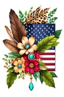 american flag and brown feathers, american flag, green leaves, one brooch turquoise jewelry, flowers, cheetah print  tattoo design idea