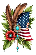 american flag and brown feathers, american flag, green leaves, one brooch turquoise jewelry, flowers, cheetah print  tattoo design idea