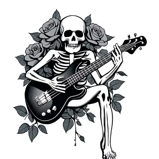 skeleton playing bass guitar in roses blooming tattoo design idea