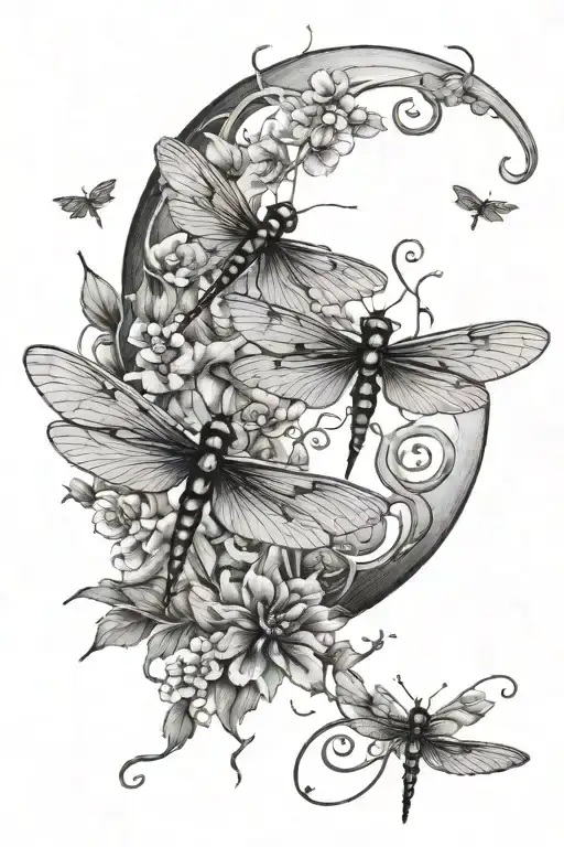 dragonflies by the moon, with hummingbirds, vines and a butterfly. tattoo design idea