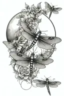 dragonflies by the moon, with hummingbirds, vines and a butterfly. tattoo design idea