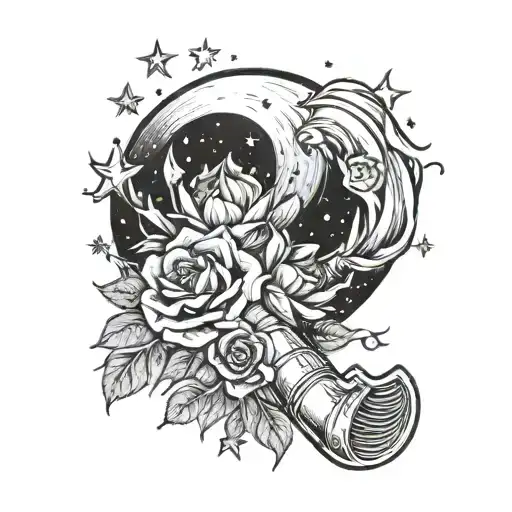A bouquet of flowers forming a fire hose with a moon and stars above tattoo design idea