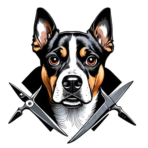 Dog's head with narrow eyes and with scissors from behind tattoo design idea