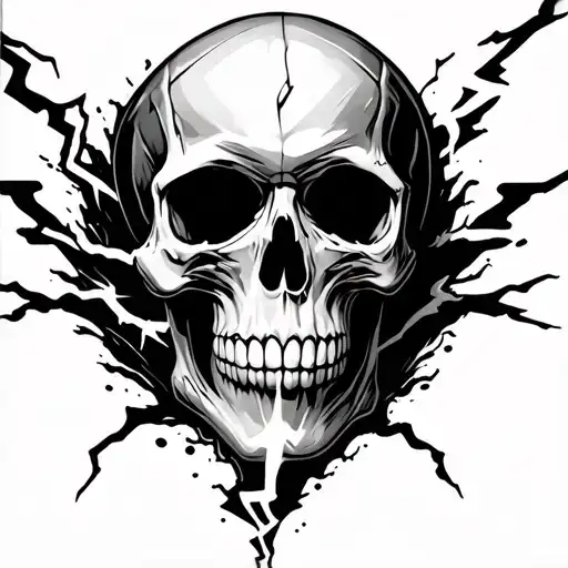 Black and white skull with black and white lightning running through the skull on an arm tattoo design idea