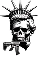 Statue of Liberty half face half skull holding an ak47 with freedom in calligraphy at the base tattoo design idea