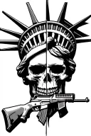 Statue of Liberty half face half skull holding an ak47 with freedom in calligraphy at the base tattoo design idea