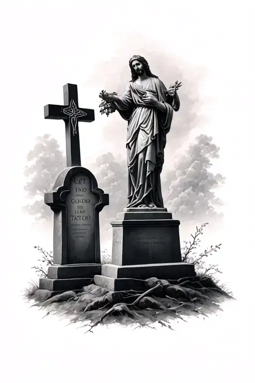 Make a sleeve in the style of realism, starting from the bottom up, there should be two crosses of the tombstones and go to God like this tattoo design idea