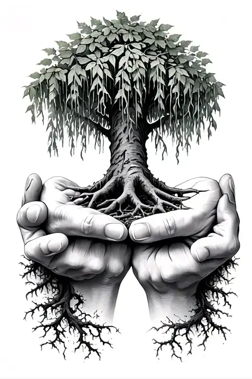 two cupped hands underneath holding a weeping willow, realism style, roots leaves and a rugged looking tree  tattoo design idea