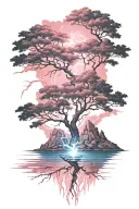 tree with pink hues  reflecting off of water with lightning tattoo design idea