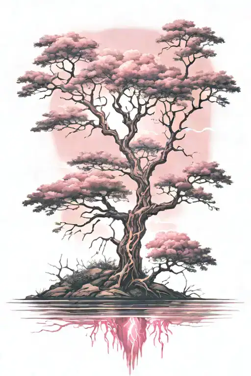 tree with pink hues  reflecting off of water with lightning tattoo design idea